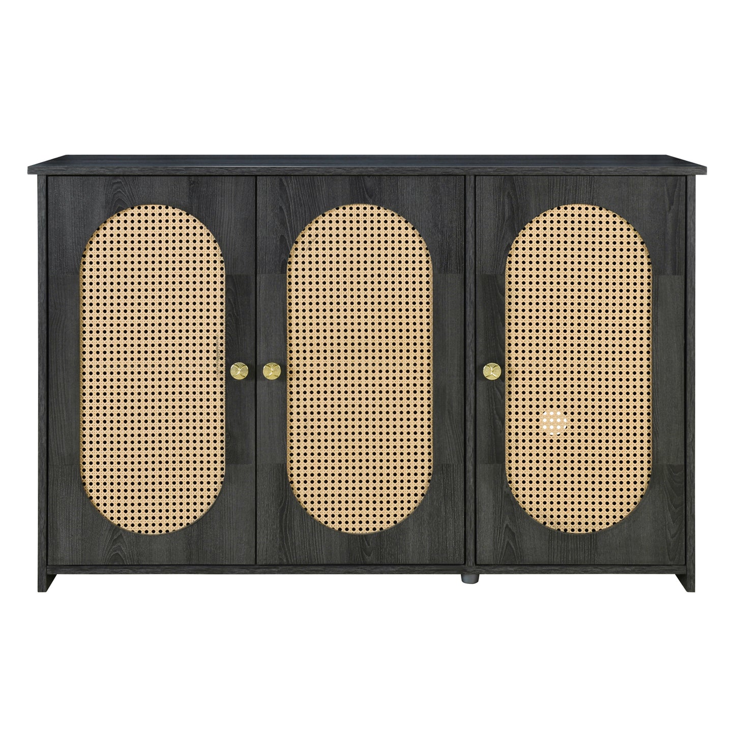 TREXM Retro 3-Door Sideboard with Large Storage Space Artificial Rattan Doors and Metal Handles, Accent Cabinet for Living Room and Hallway (Antique Black)