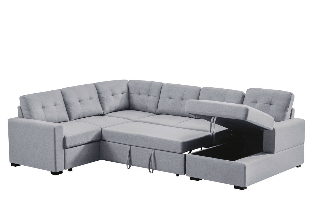 Selene 115.5" Light Gray Linen Fabric Sleeper Sectional Sofa with Storage Chaise