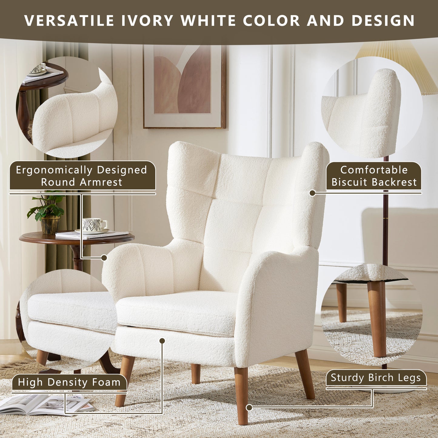 Mid-Century Ivory White High Back Accent/Club Chair with Thick Cushion, Modern Armchair with Round Arm and Birch Wood Legs, Teddy Wool Fabric, for Living Room, Office, Balcony, Bedroom and Study Room