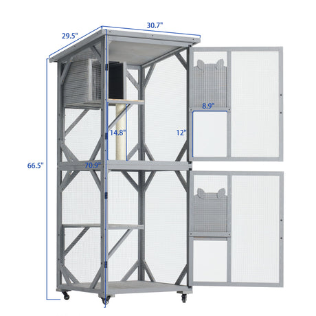 Large Cat House Outdoor Catio Cat Enclosures On Wheels, Kitty House With Upgraded Resting Box Waterproof Roof - Gray