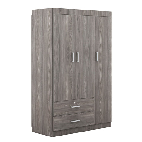 3 Door Wardrobe With 2 Drawers, Grain Effect - Gray