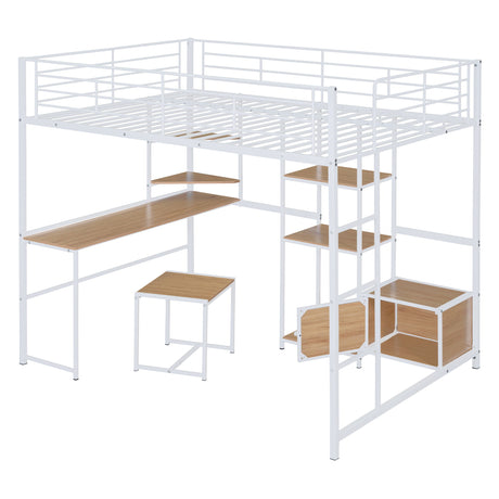 Full Size Loft Bed With Desk And Stool, With Open Style Wardrobe, Shelves And Cabinet - White