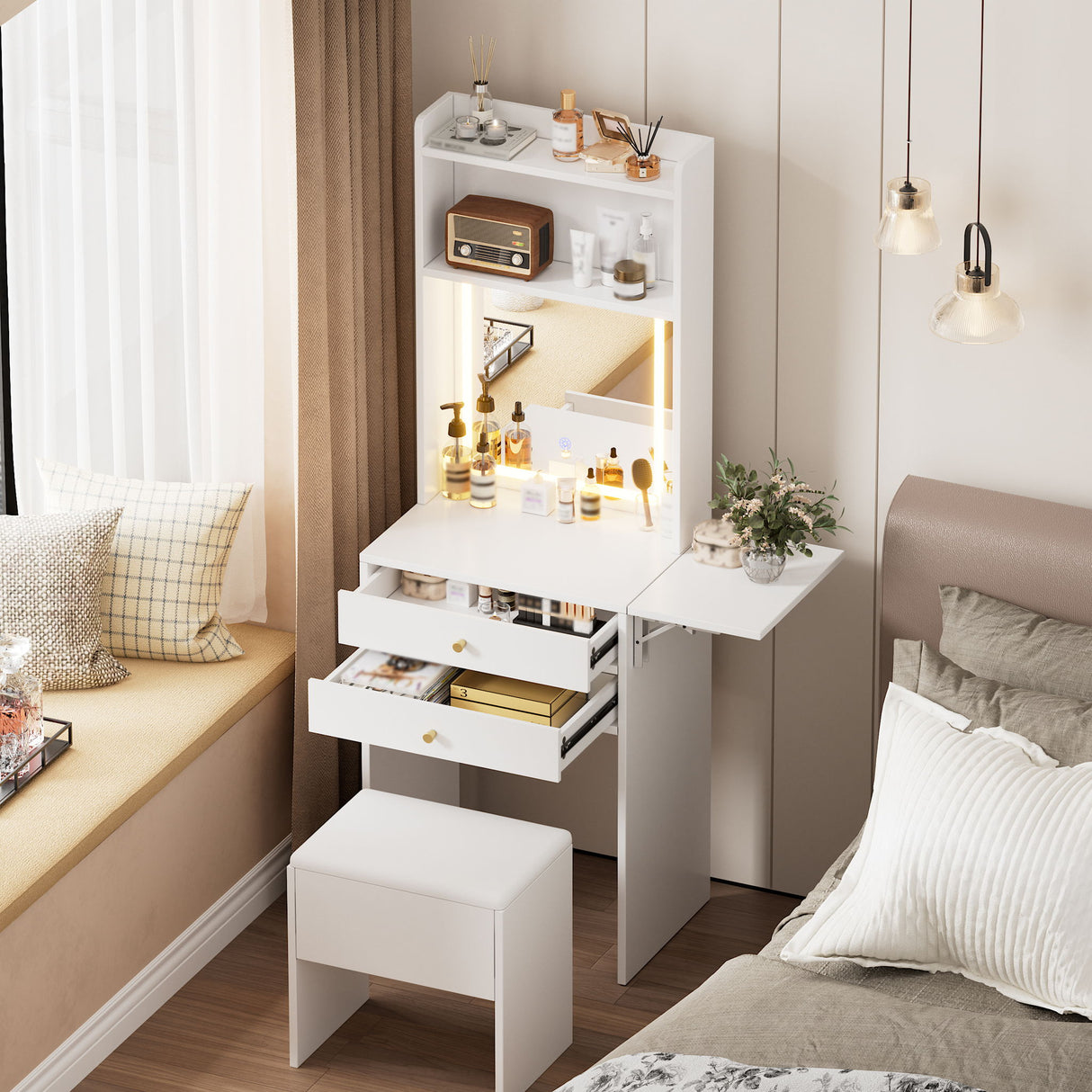 Contemporary Small Space Vanity Table Set With Adjustable Lighted Mirror And Storage Chair - White