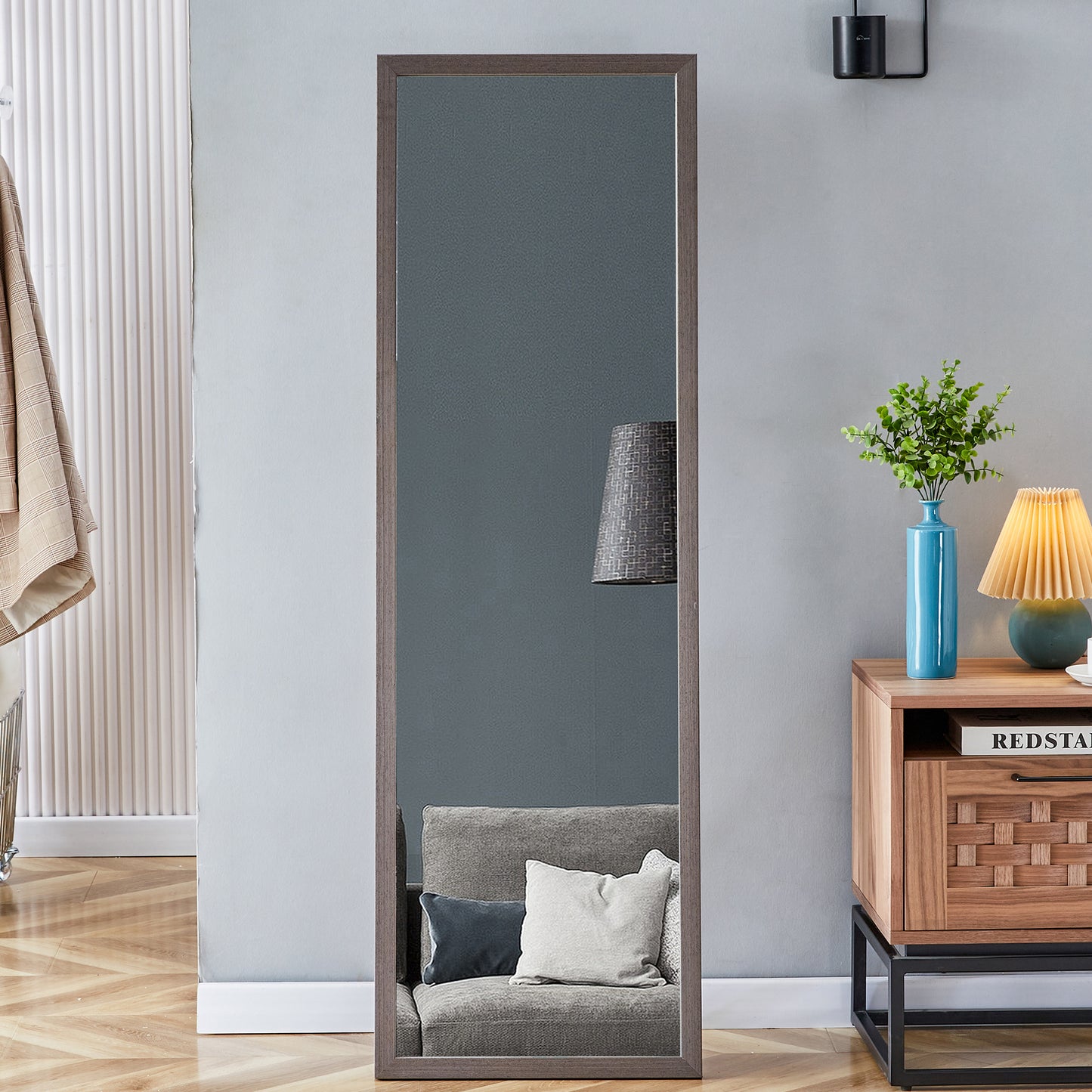 Third generation packaging upgrade, thickened frame, gray wood grain solid wood frame full-length mirror, dressing mirror, bedroom entrance, decorative mirror, floor standing mirror. 57.9 "* 18.1"