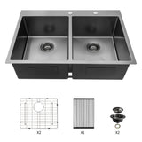 Double Bowl Drop In Kitchen Sink 33" X 22" With 16 Gauge Stainless Steel And 2 10" Deep Basins - Gunmetal Black