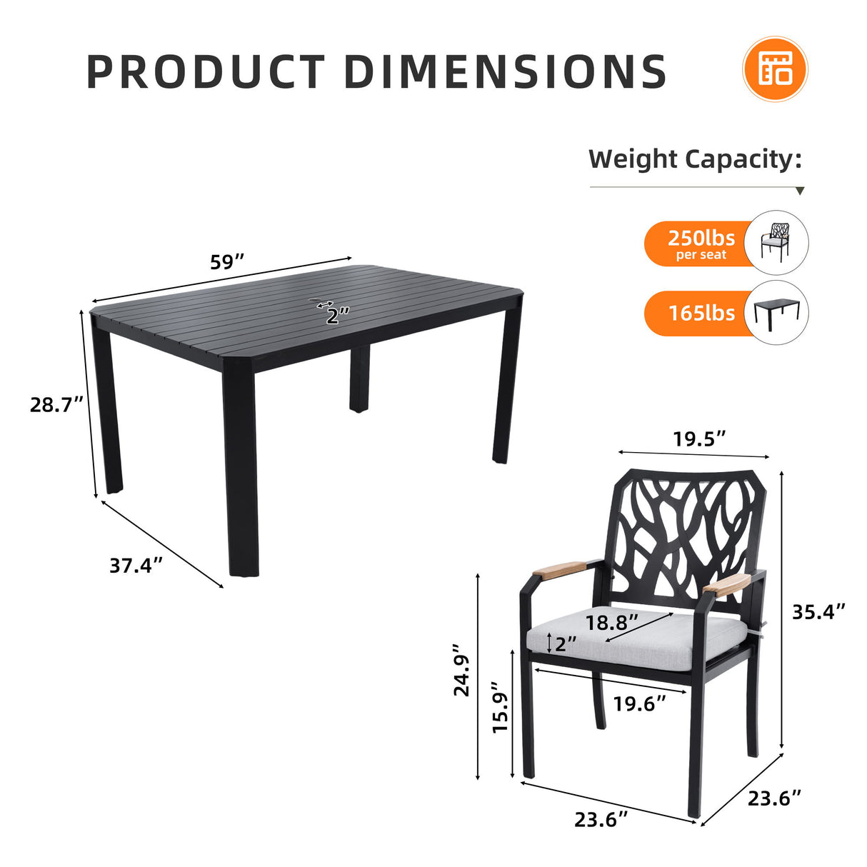 5 Pieces Outdoor Patio Aluminum Furniture Set, Rectangular Table With Umbrella Hole - Bourbon Brown