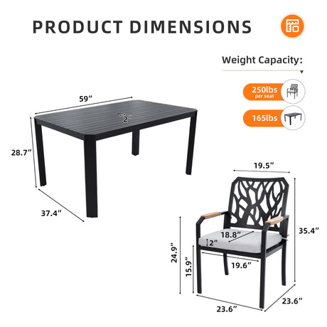 5 Pieces Outdoor Patio Aluminum Furniture Set, Rectangular Table With Umbrella Hole - Bourbon Brown