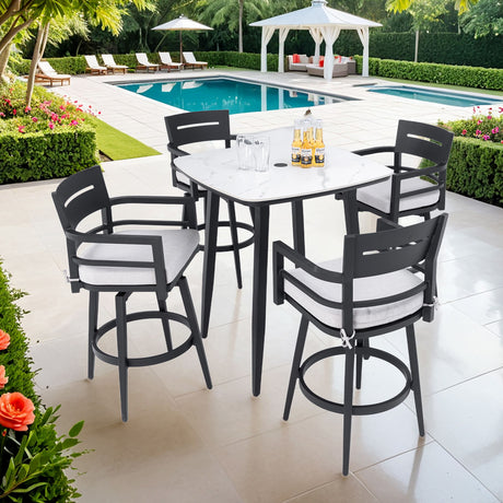 5 Pieces Modern Outdoor Patio Bar Set, Rounded Square Table & 4 Swivel Bar Chairs, Non Rust Frame, Tapered Legs, Sunbrella Cushion - Ember Black / White