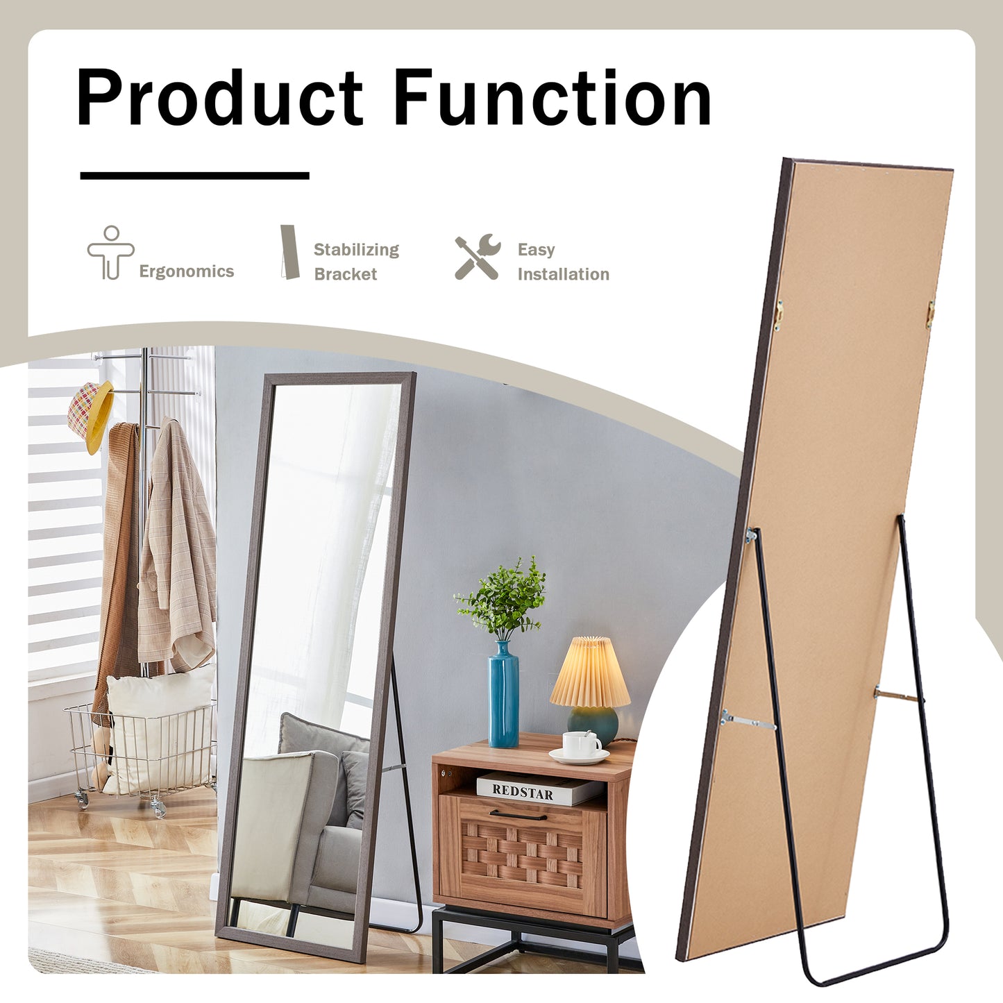 Third generation packaging upgrade, thickened frame, gray wood grain solid wood frame full-length mirror, dressing mirror, bedroom entrance, decorative mirror, floor standing mirror. 57.9 "* 18.1"