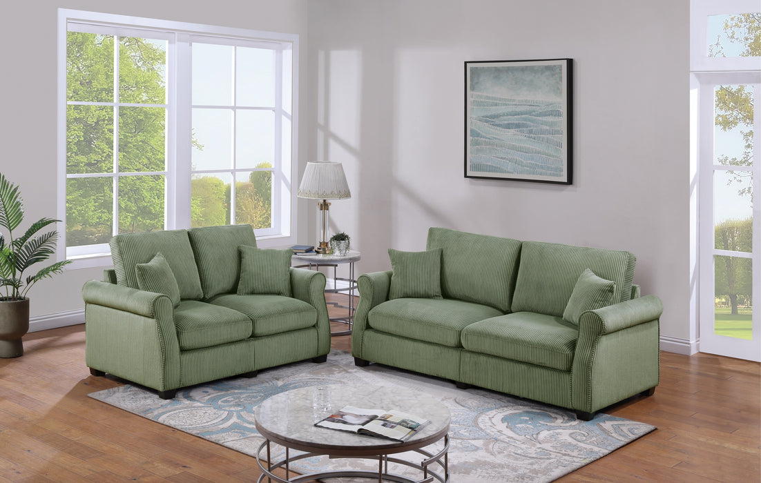 Classic Living Room 2pc Sofa Set Sage Color Corduroy Sofa Loveseat w Pillows Square Arms Plush Couch