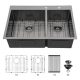 Double Bowl Kitchen Sink 16 Gauge 33" X 22" With 2 10" Deep Basins - Gunmetal Black