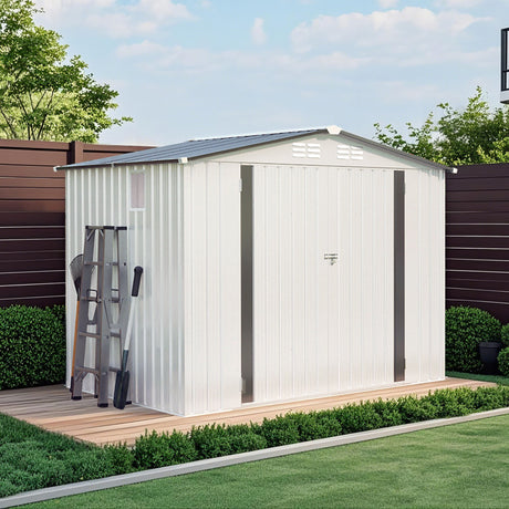 Metal Outdoor Storage Shed 8 X 6 Ft With Pitched Roof And Side Window - White / Gray