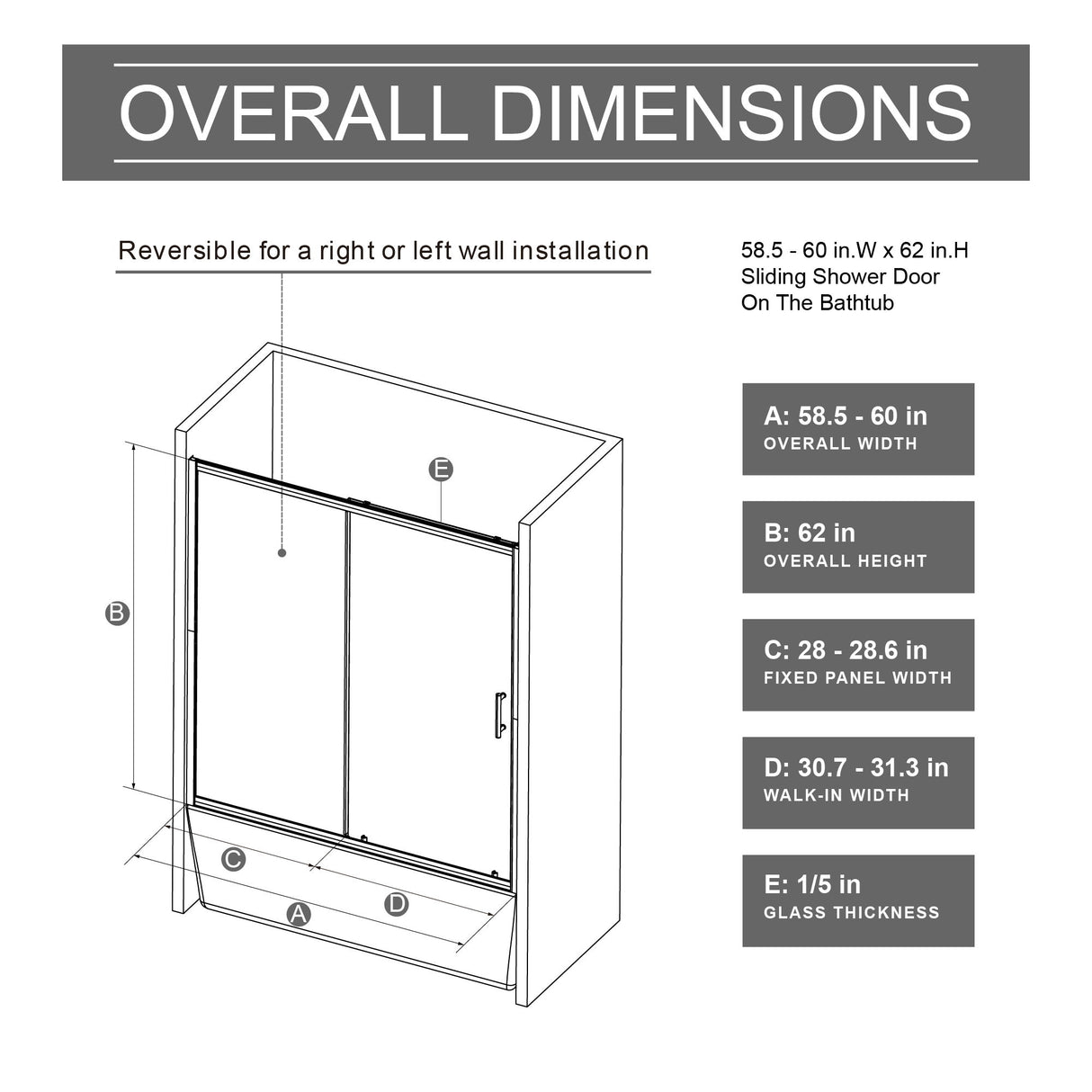 Sliding Shower Door For Bathtub - Matt Black