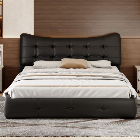 Queen Bed Modern Upholstered With Ergonomic Wingback Headboard, No Box Spring Needed - Black