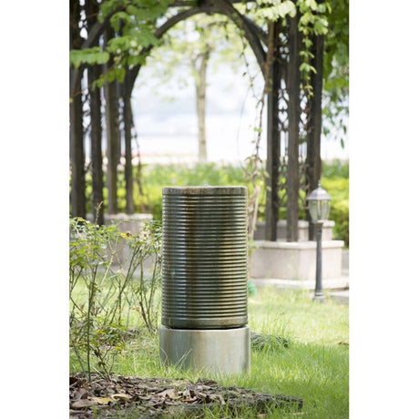 Large Modern Cylinder Ribbed Tower Water Fountain, Contemporary Outdoor Bird Bath