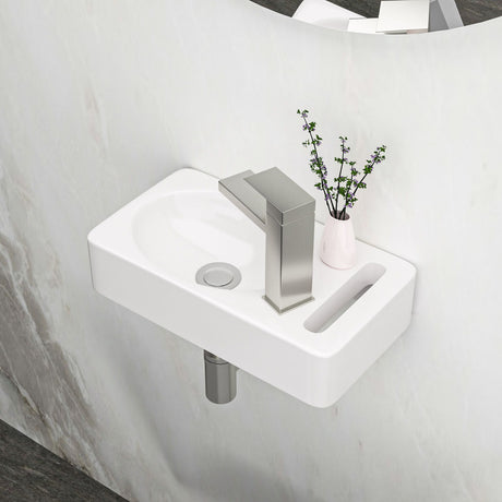 Rectangle, Wall Mount Bathroom Sink & Single Faucet Hole - White