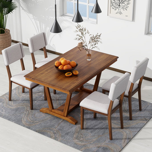 TOPMAX Rustic 5-piece Dining Table Set with 4 Upholstered Chairs, 59-inch Rectangular Dining Table with Trestle Table Base, Walnut