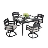 Outdoor Patio Aluminum Furniture, Modern Dining Set, Including 4 Swivel Rockers Sunbrella Cushioned And Square Dining Table With Umbrella Hole