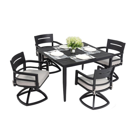 Outdoor Patio Aluminum Furniture, Modern Dining Set, Including 4 Swivel Rockers Sunbrella Cushioned And Square Dining Table With Umbrella Hole
