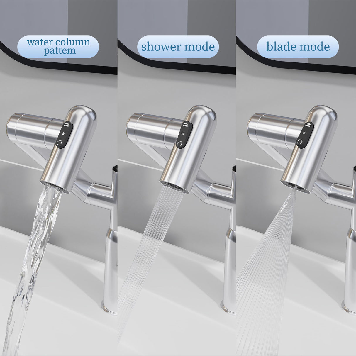 Bathroom Sink Faucet With Spray Function And Temperature Display, Anti Skid Switch, 360 Degree Rotary, Brass Material - Chrome