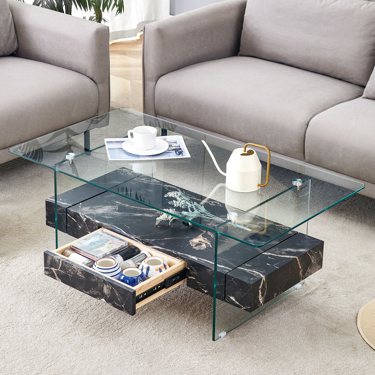 Modern 2 Tier Square Coffee Table, Elegant Marble Pattern