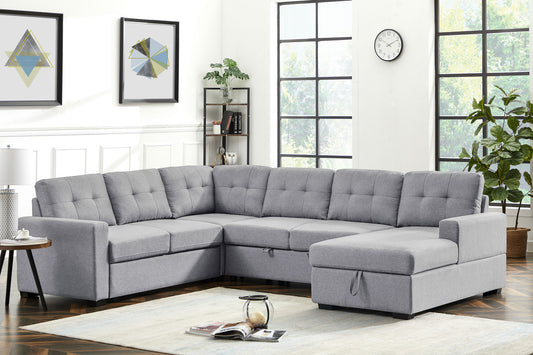 Selene 115.5" Light Gray Linen Fabric Sleeper Sectional Sofa with Storage Chaise