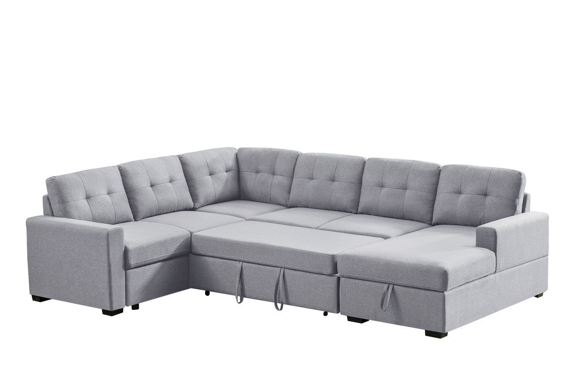 Selene 115.5" Light Gray Linen Fabric Sleeper Sectional Sofa with Storage Chaise