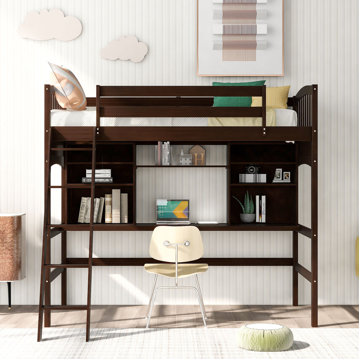 Loft Bed With Storage Shelves, Desk And Ladder