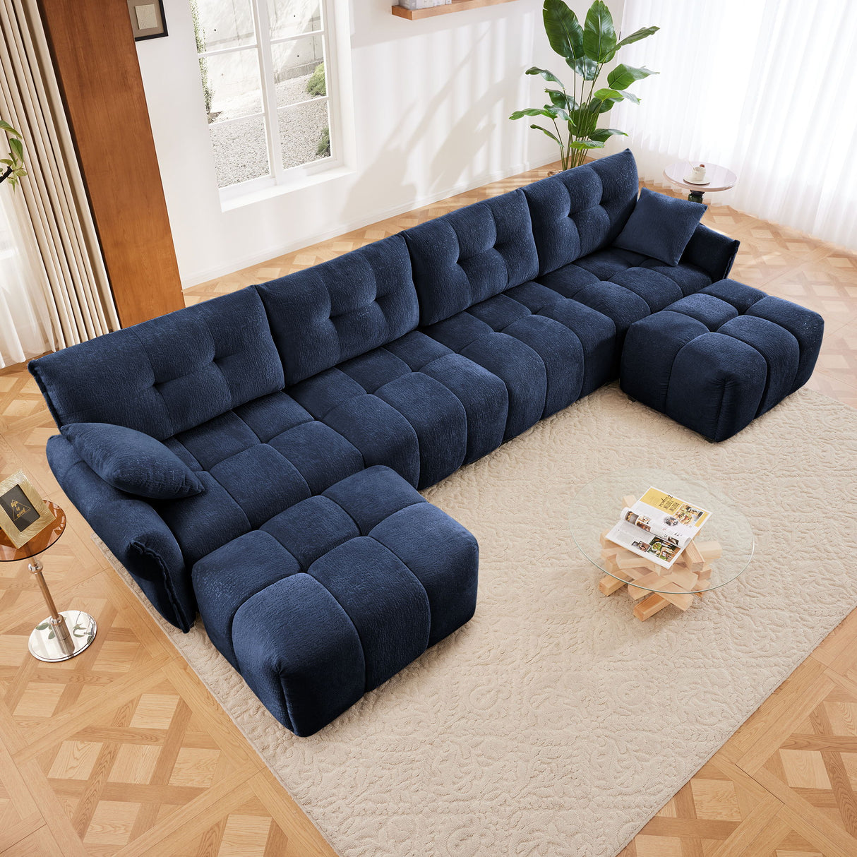 Elegant Sofa Set With Ottoman And Pillows, Textured Chenille, High Resilience Cushions