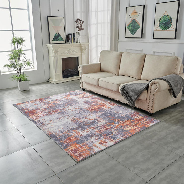 ZARA Collection Abstract Design Grey Brown and Rust Machine Washable Super Soft Area Rug