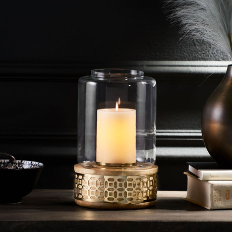 Lippert Boho Handcrafted Mango Wood Hurricane Candle Holder With Tempered Glass And Metal Accents, Large - Natural
