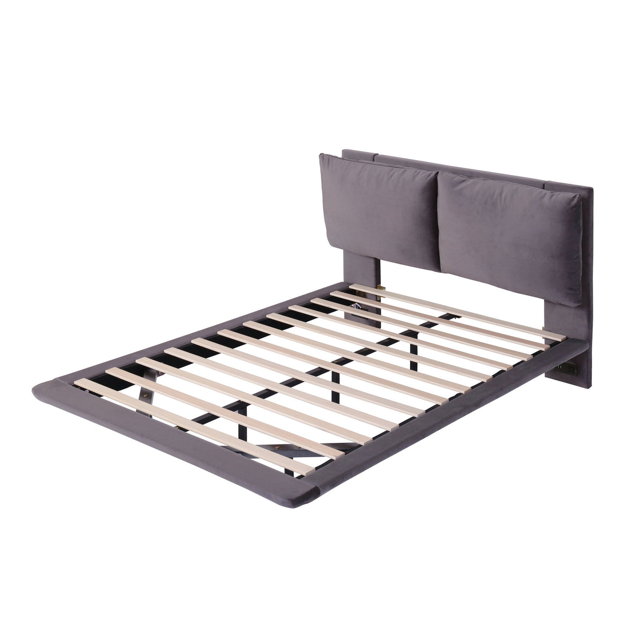 Upholstered Platform Bed With Sensor Light And 2 Large Backrests, With 2 Sets Of USB Port And Socket On Each Rear Bed Leg