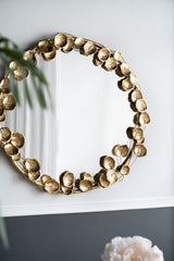 Round Metal Wall Mirror With en Leaf Accents, Modern Decor Mirror For Living Room Entryway Hallway - Gold