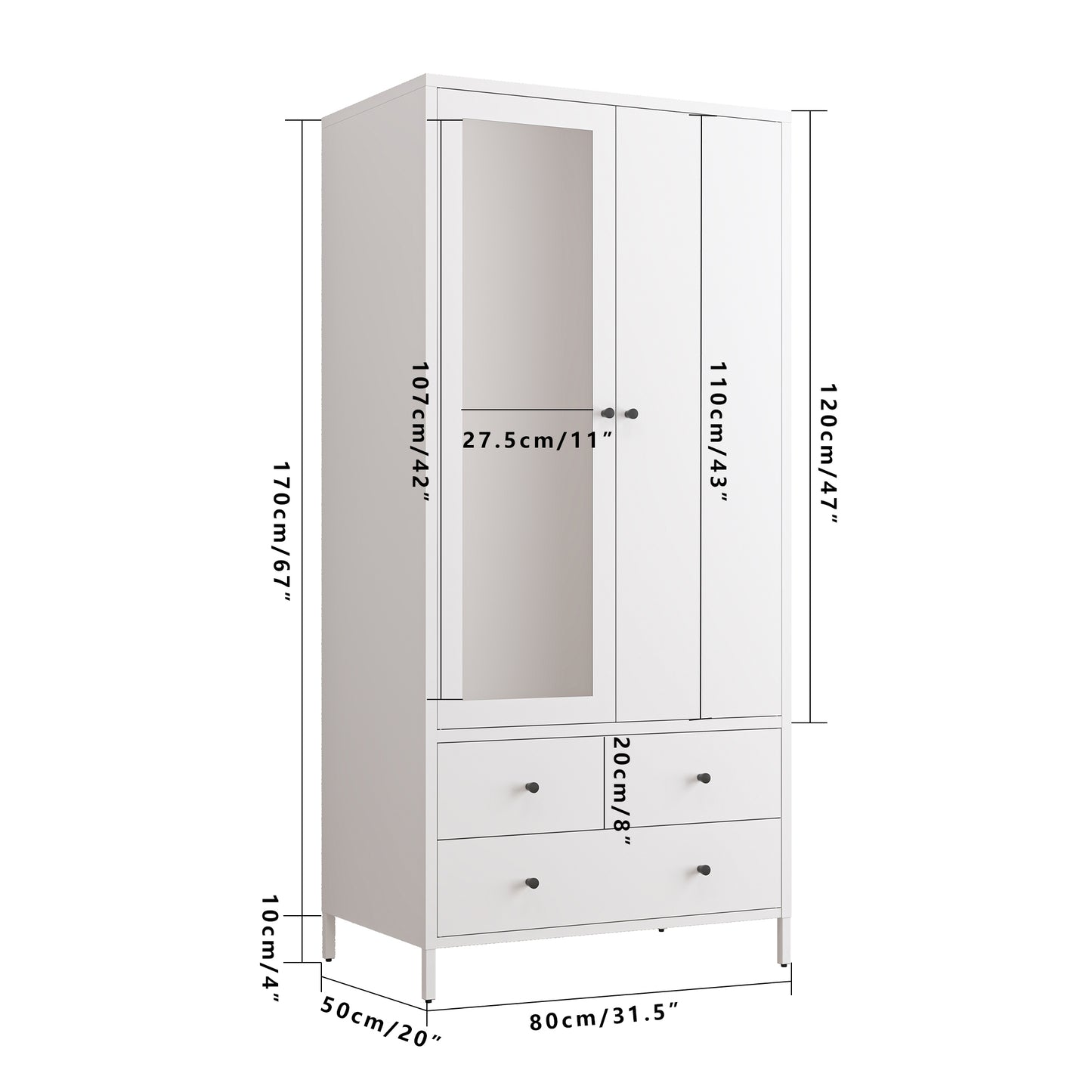 Metal Armoire Wardrobe Closet with 2 Drawers, Mirror Door and Hanging Rod, Metal Clothing Storage Cabinet, Garment Organizer with Magnetic Door - White