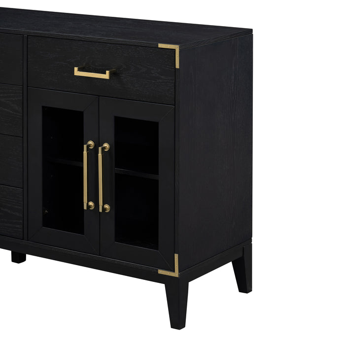 TREXM 6-drawer and 2-Cabinet Retro Sideboard with Extra Large Storage Space, with Gold Handles and Solid Wood Legs, for Kitchen and Living Room (Black)