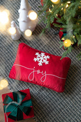Velvet Pillow With Embroidered Joy And Frosty Snowflake, For Christmas Halloween Holiday Decor (Set of 2) - Black / Red