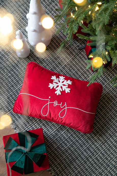 Velvet Pillow With Embroidered Joy And Frosty Snowflake, For Christmas Halloween Holiday Decor (Set of 2) - Black / Red