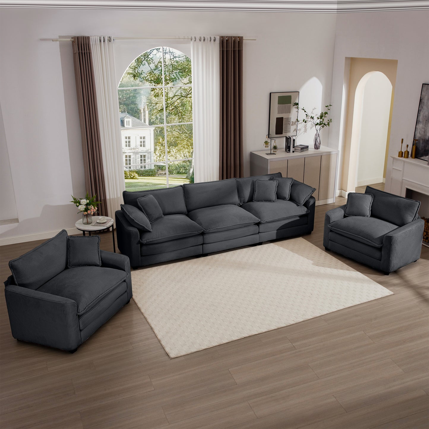 Luxurious and Sophisticated Sofa Set with Soft Cushions and Pillows, Home for Living Rooms and Clubs as well as Home Theaters, Consisting of Two Single Sofas and a 3-Seater Sofas in Grey Corduroy Fabr