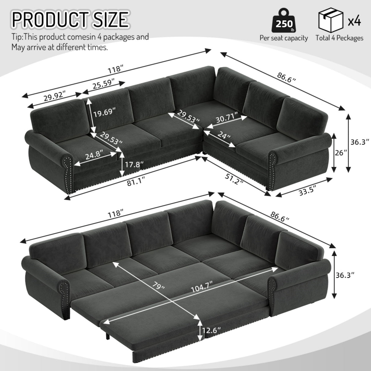 L-Shaped Sofa Couch With Pull Out Bed With Nailhead Trim & Rolled Arm