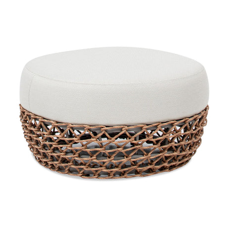 Willow - Round Upholstered Woven Patio Ottoman, Wicker Frame - Wheat Beige / Golden Brown