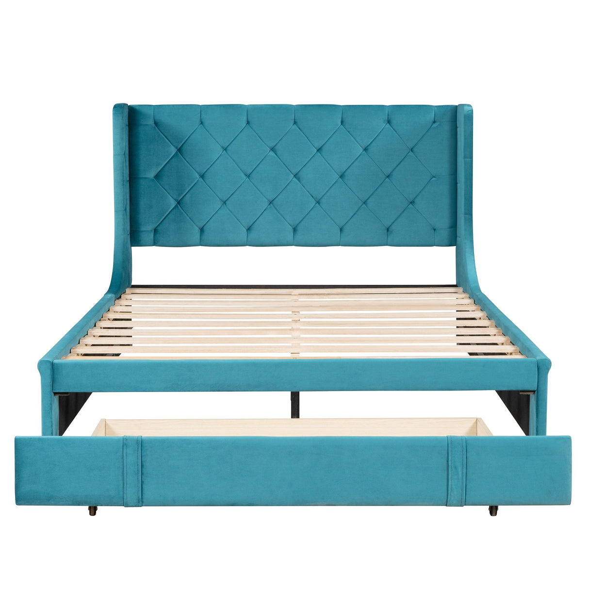Storage Bed Velvet Upholstered Platform Bed With Wingback Headboard And A Big Drawer