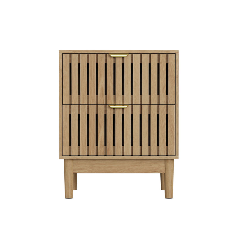 Bedside Table With Grille Design And 2 Drawers, Side Table For Bedroom - Oak