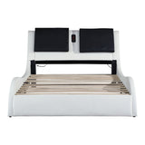Upholstered Platform Bed Frame With LED Lighting, Bluetooth Connection To Play Music Control, Backrest Vibration Massage, Curve Design, Wood Slat Support, Exhibited Speakers