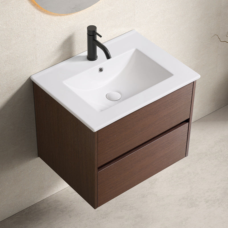 Wall-Mounted Bathroom Vanity, Soft-Close Drawer, Premium Slides - Black Brown