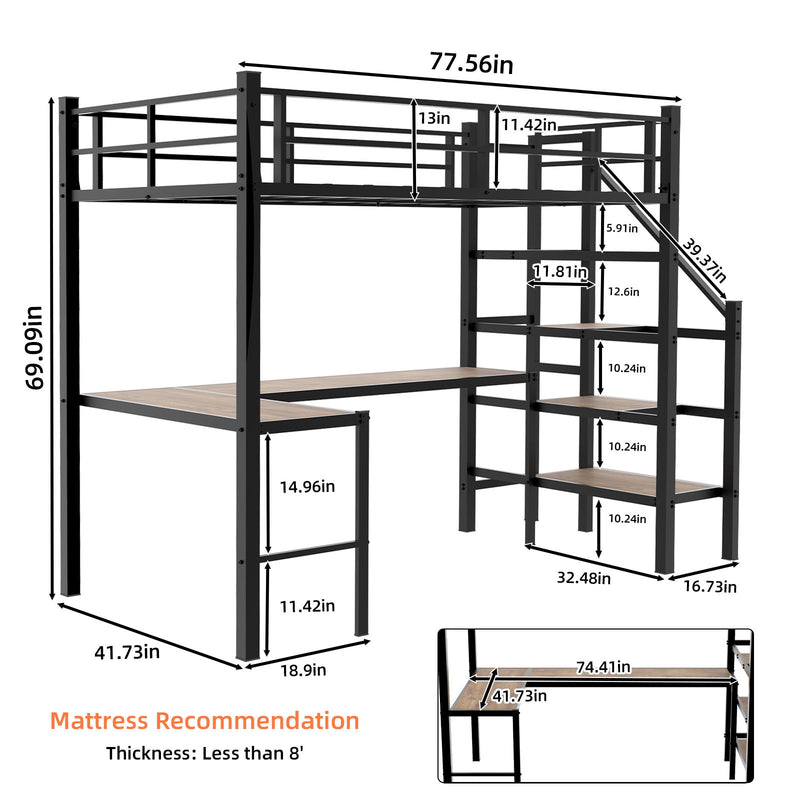 Loft Bed & L-Shaped Desk, Large Storage Space