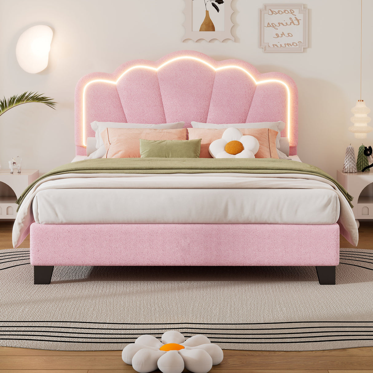 Upholstered Elegant Flowers Headboard With LED Light Strip, Platform Bed With Slats Support