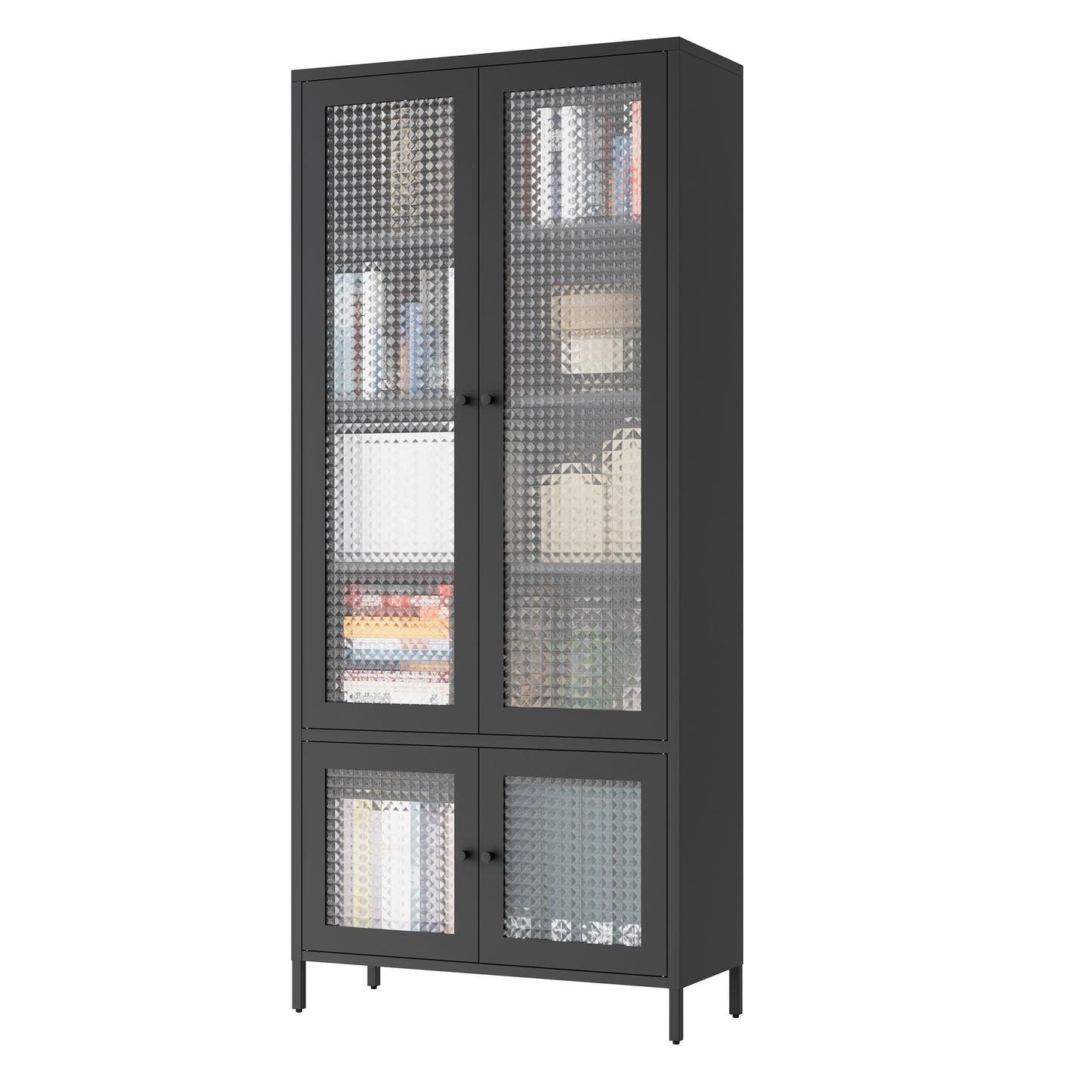 Large Metal Storage Cabinet Display Cabinet with 4 Glass Doors 5 Shelves Side Cabinet Bookcase Freestanding Cabinet for Bedroom Living Room Pantry Home Office - Black, Waffle-Grids  Tempered Glass