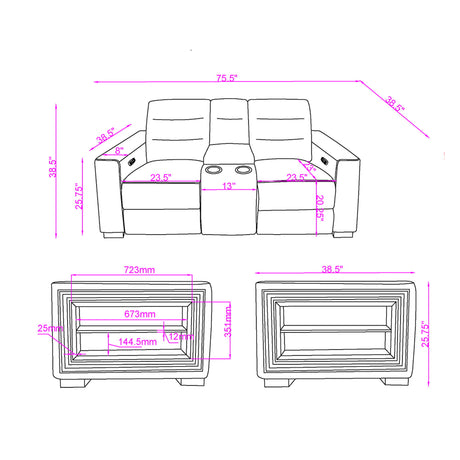 Yamein - Power Reclining Loveseat With Bookcase Arms And LED Lights - Charcoal