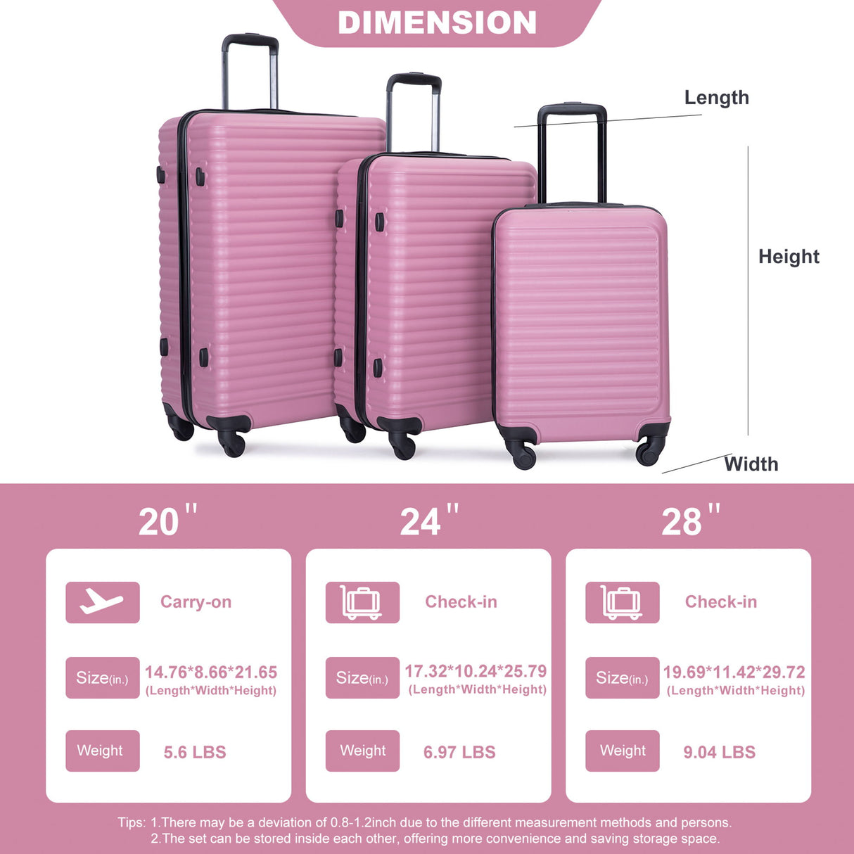 3 Piece Luggage Sets Lightweight Suitcase With Two Hooks, Spinner Wheels, Tsa Lock