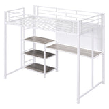 Metal Loft Bed With Desk, 3 Shelves And Ladder